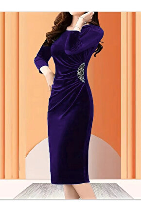 MDB Kadın Uzun Kollu Bot Yaka Yanı Taş Detaylı Midi Kadife Elbise