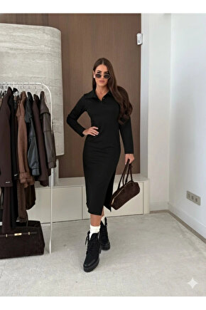 Kadın Uzun Kollu Yakalı Yandan Yırtmaçlı Midi Modal Elbise