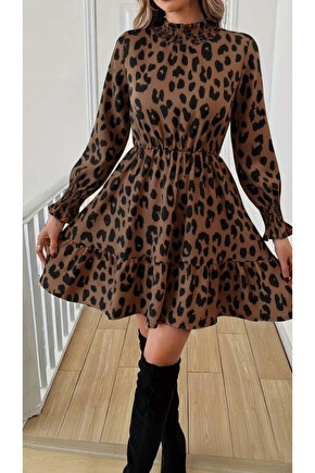 Kadın Uzun Kollu Yarı Balıkçı Yaka Leopar Desenli Modal Mini Elbise