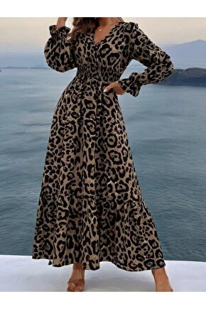 Kadın Uzun Kollu Kruvaze Yaka Leopar Desenli Uzun Süprem Elbise