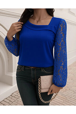 Kadın Uzun Kollu Asimetrik Yakalı Dantelli Ithal Krep Bluz