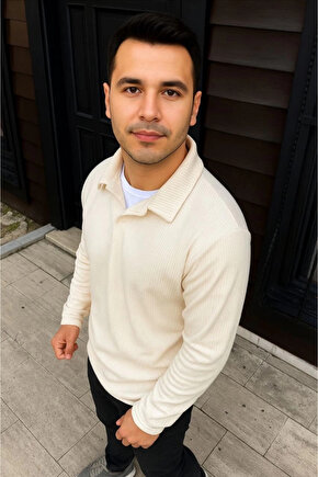 Erkek Fitilli Polar Sweatshirt – Düğmesiz Polo Yaka, Oversize Rahat Kalıp, Kalın Polar Kumaş, Kışlık