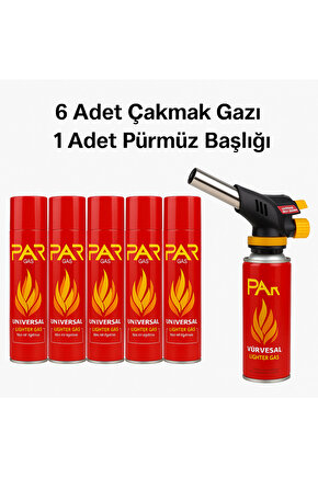 Pürmüz Çakmak Başlığı + 6 Adet PAR Gas Çakmak Gazı Seti | 1300°C Jet Alev | Mutfak, Kamp