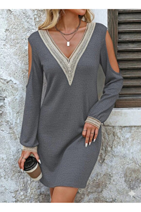 MDB Kadın Uzun Kollu Omuzdan Açık V Dantel Yakalı Mini Waffle Elbise