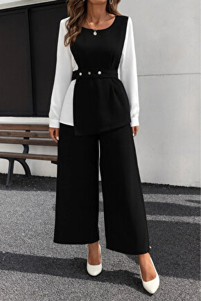 Kadın Uzun Kollu Açık Yakalı çift Renkli Kemerli Ithal Krep Ikili Takım