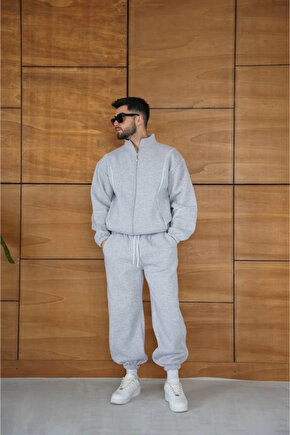 Erkek Premium Parçalı Eşofman Takım - Dik Yaka Fermuarlı Biyeli Sweatshirt Lastik Paça Alt, Oversize