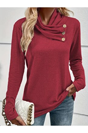 Kadın Uzun Kollu Kapişon Yaka Düğmeli Yumoş Bluz