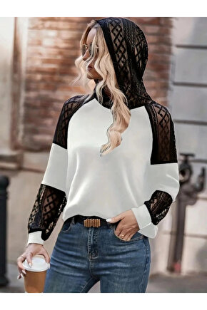 EQURİ Kadın Uzun Kollu Dantelli Kapşonlu Viskon Iki Iplik Bluz