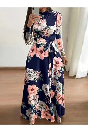 EQURİ Kadın Uzun Kollu Yuvarlak Yakalı Beli Kuşaklı Desenli Süprem Uzun Elbise