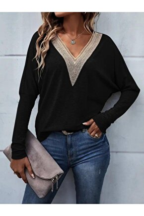 Kadın Uzun Kollu V Yakalı Yarasa Kollu Viskon Bluz