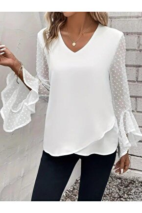 Kadın Uzun Kollu V Yakalı Kolları Ispanyol Detayı Sandy Bluz
