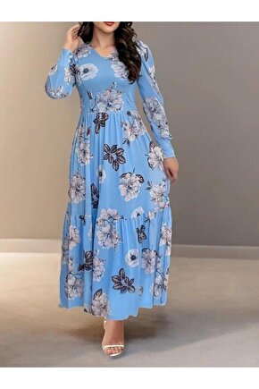 Kadın Uzun Kollu V Yakalı çiçek Desenli Maxi Süprem Elbise