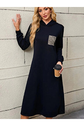 Kadın Uzun Kollu Kapşonlu Cep Detaylı Viskon Iki Iplik Maxi Elbise