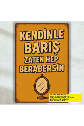 kendinle barış komik esprili sözler duvar yazıları retro ahşap poster tablo