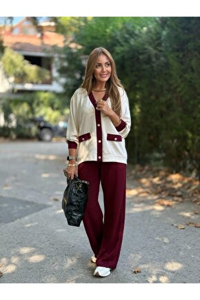 Gökyüzü Moda Kadın Uzun Kollu Ribanali Cep Detay Hırka Ve Bol Paça Pantolon Ikili Takım