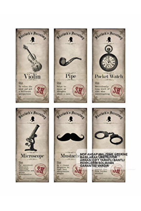 sherlock holmes polisiye roman karakteri dedektif işaretleri 6lı mini retro ahşap poster seti tablo