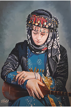 bağlama saz çalan anadolu kadını otantik müzik retro ahşap poster