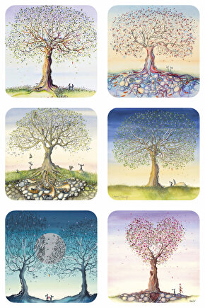 sonbahar ağaçlar yapraklar ve doğa estetik mutfak dekor 6lı ahşap bardak altlığı seti