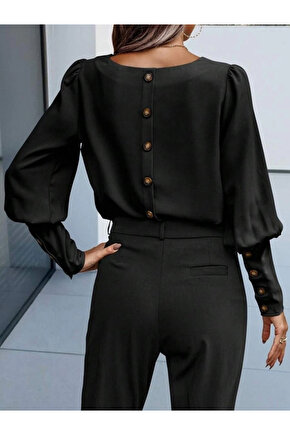 Kadın Uzun Kollu Yuvarlak Yakalı Düğmeli Ithal Krep Bluz
