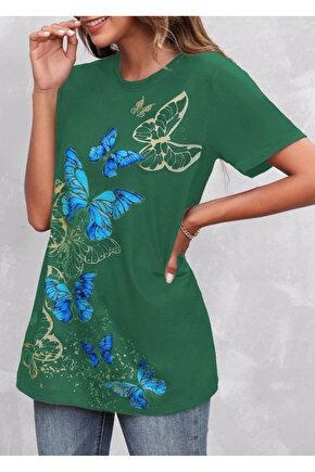 Kadın Kısa Kollu Mavi Sarı Kelebek Baskı Süprem T-shirt