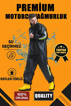 Premium Motorcu Kurye Yağmurluk Takım Su Geçirmez PVC Kumaş Reflektörlü TÜBİTAK Onaylı - Siyah