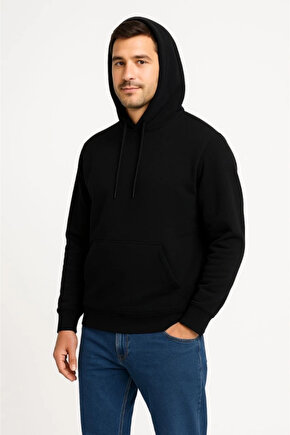 Erkek Üç İplik Kapüşonlu Kanguru Cepli SweatShirt Hoodie - Siyah