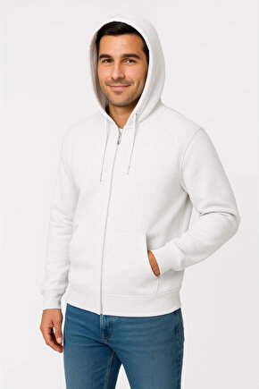 Erkek Üç İplik Kapüşonlu Tam Fermuarlı Kanguru Çepli SweatShirt Hoodie - Beyaz