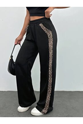 EQURİ Kadın Yüksek Bel Bağcıklı Yanları Leopar Desenli Viskon Iki Iplik Pantolon