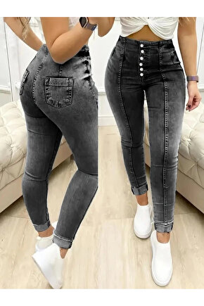 Kadın Yüksek Bel önden Düğmeli Jean Pantolon