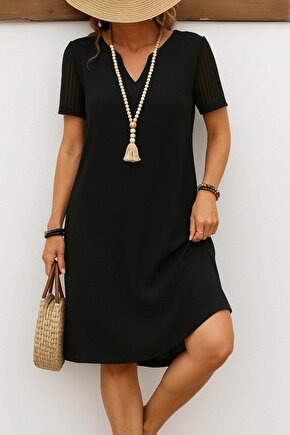 Kadın Kısa Kollu V Yakalı Kısa Janjan Krep Elbise