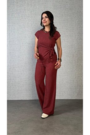 EQURİ Kadın Kısa Kollu Bisiklet Yaka Yandan Bağlamalı Bürümcük Bluz Ve Pantolon Ikili Takım