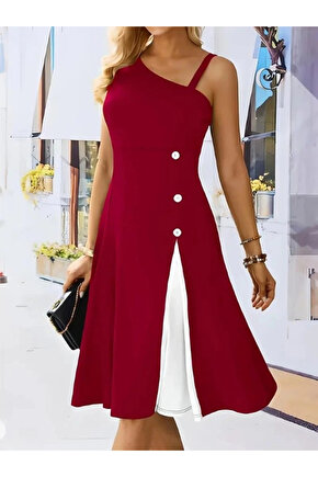 EQURİ Kadın Tek Omuzu şerit Detaylı Kolsuz Yandan Düğme Detaylı Janjan Krep Elbise