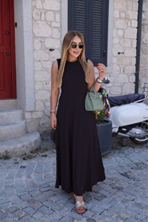 EQURİ Kadın Sıfır Kollu Bisiklet Yaka Viskon Elbise