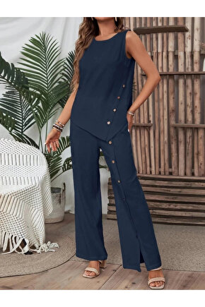 Kadın Kolsuz Düğmeli Asimetrik Detaylı Bürümcük Bluz Ve Pantolon Takım