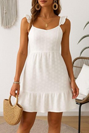 Kadın Omuz Askılı Eteği Volan Detay Brode Elbise