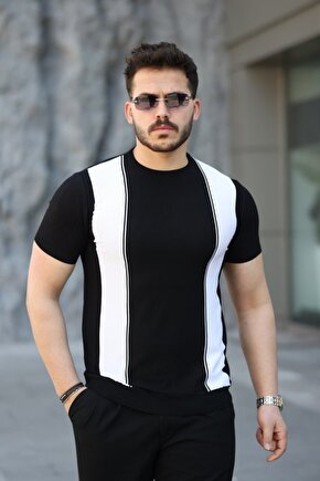 Erkek Viskon Kumaş Bisiklet Yaka çizgi Desenli Tişört