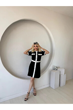 Kadın Kısa Kollu Bisiklet Yaka önden Düğmeli Modal Elbise