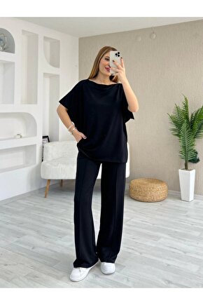 Kadın Kısa Kollu Kayık Yakalı Dikiş Izi Detaylı Viskon Iki Iplik Bluz Ve Pantolon Ikili Takım