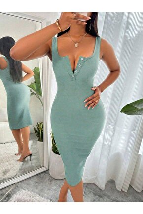 EQURİ Kadın Askılı önü Düğmeli Midi Kaşkorse Elbise