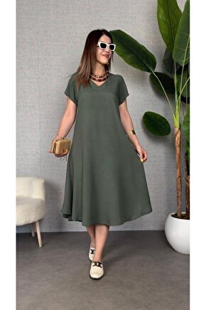 EQURİ Kadın Kısa Kollu V Yaka Salaş Maxi Boy Elbise