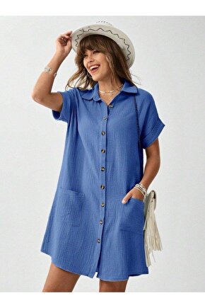 EQURİ Kadın Cep Detay Müslin Kumaş Mini Gömlek Elbise