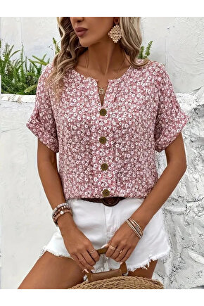 Kadın Kısa Kollu çentikli V Yaka Ve Düğme Detaylı çiçek Desenli Süprem Bluz