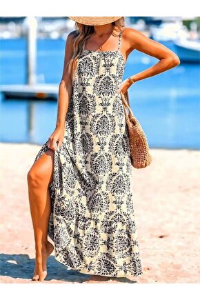 EQURİ Kadın Ip Askılı Desenli Fırfırlı Süprem Elbise