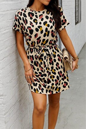 Kadın Kısa Kollu Yuvarlak Yaka Beli Kuşaklı Geometrik Desenli Süprem Elbise