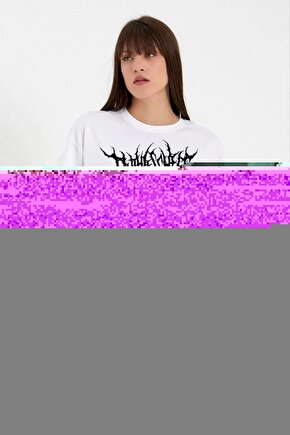 Unisex Bisiklet Yaka Baskılı Oversize T-Shirt - Beyaz