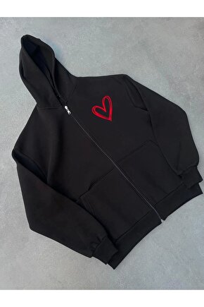Üç İplik Baskılı Fermuarlı Kapüşonlu Hırka - Siyah