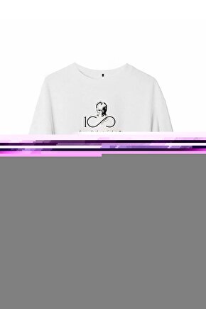 Unisex Bisiklet Yaka Baskılı Oversize T-Shirt - Beyaz