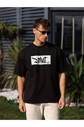 Unisex Bisiklet Yaka Baskılı Oversize T-Shirt - Siyah