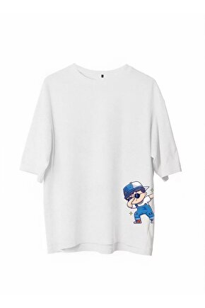 Unisex Bisiklet Yaka Baskılı Oversize T-Shirt - Beyaz