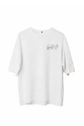 Unisex Bisiklet Yaka Baskılı Oversize T-Shirt - Beyaz